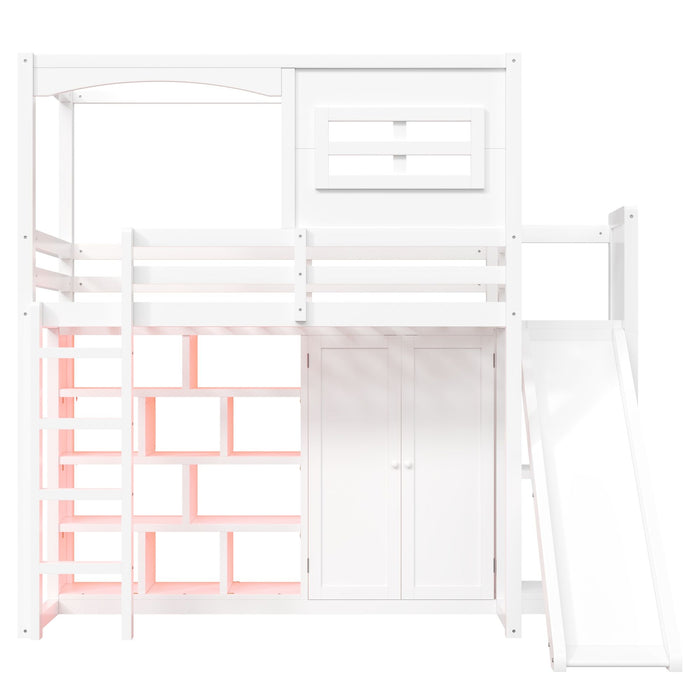 Twin Size Loft Bed With Wardrobe, Storage Shelves, Slide And LED - White