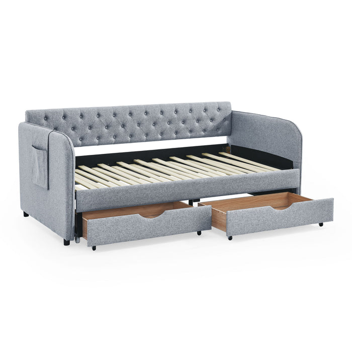 Daybed With Trundle And Storage Drawers, Flat Arms With Pocket