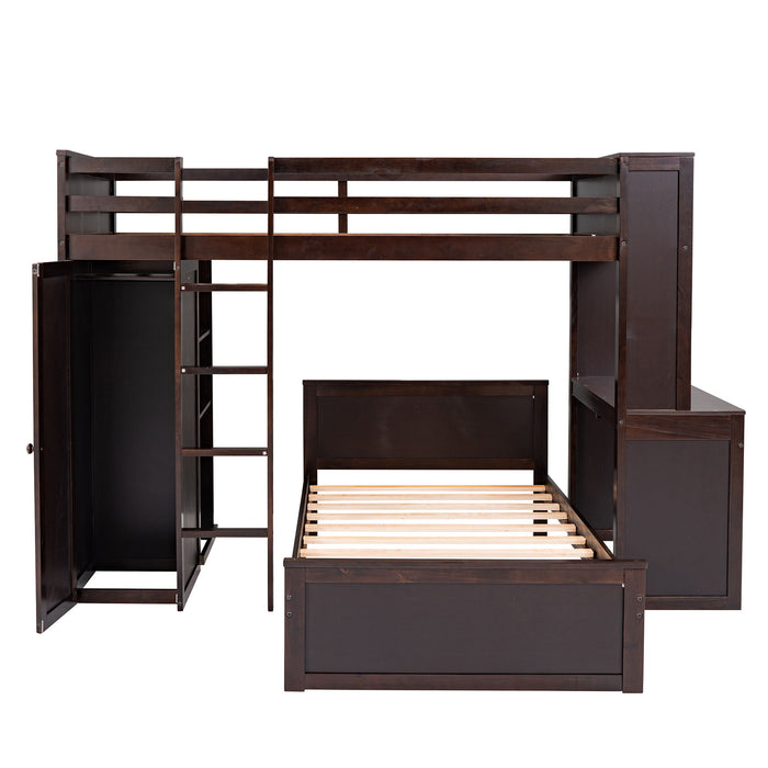 Loft Bed With A Stand Alone Bed, Shelves, Desk, And Wardrobe