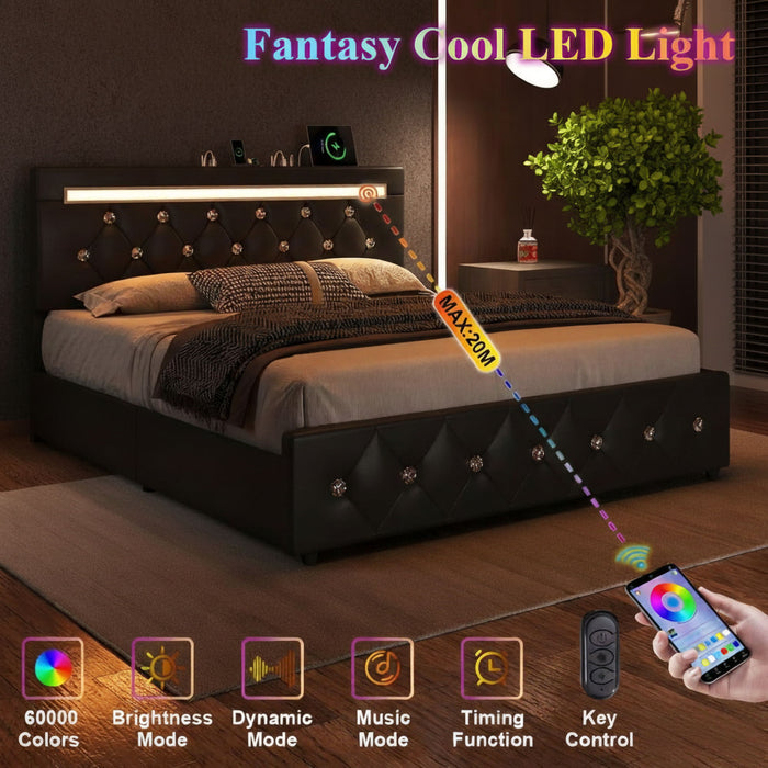 Upholstered Bed Frame With LED Lights, 4 Storage Drawers, Charging Station