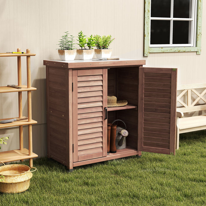 Potting Bench With Storage Cabinet And Metal Table Top For Outdoor