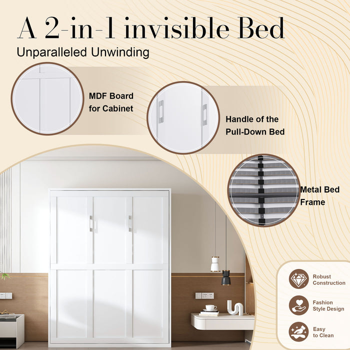 Queen Murphy Bed, Foldable Wall Bed, Space Saving Design For Bedrooms - White
