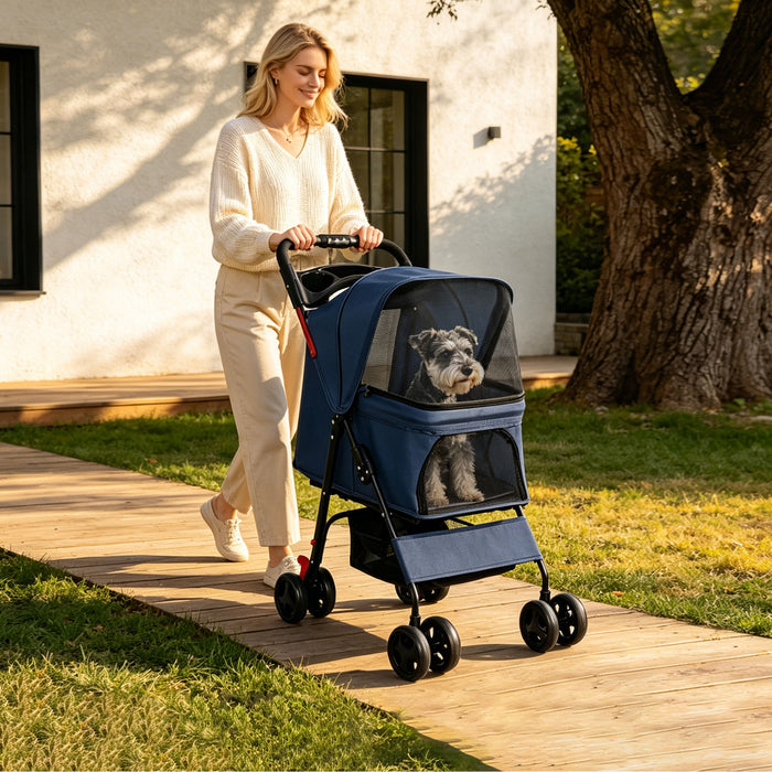 Foldable Pet Stroller For Small Dogs And Cats With Multi Functional Tray