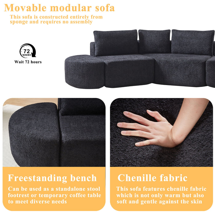 V - Shaped Modular Sofa Set & 3 Pillows And 2 Curved Ottomans For Living Rooms - Black