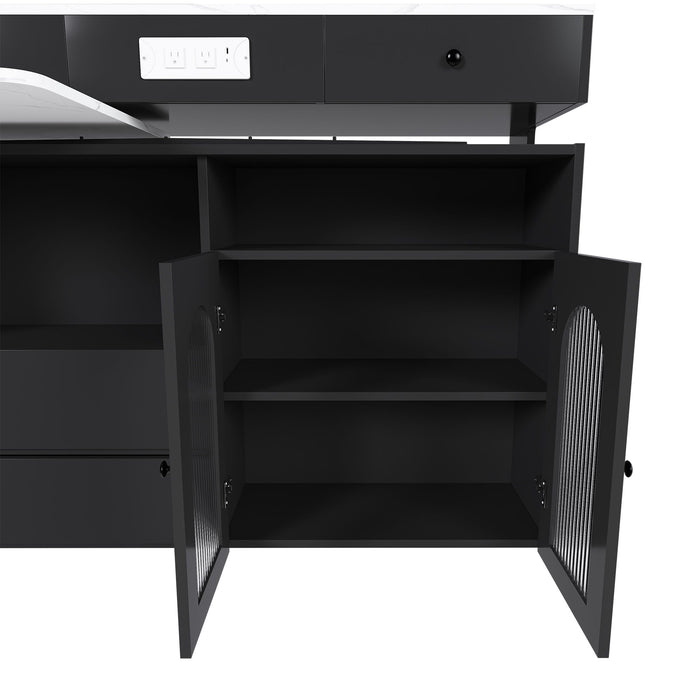 Kitchen Island With Extendable Rotating Table, 4 Drawers & Glass Door Cabinets, Built In Socket - Black