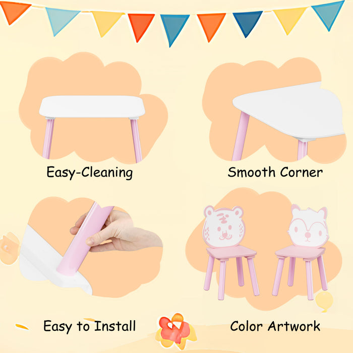 Table And Chair Set, 3 Piece Wooden Toddler Desk With Animal Backrest - Pink / White