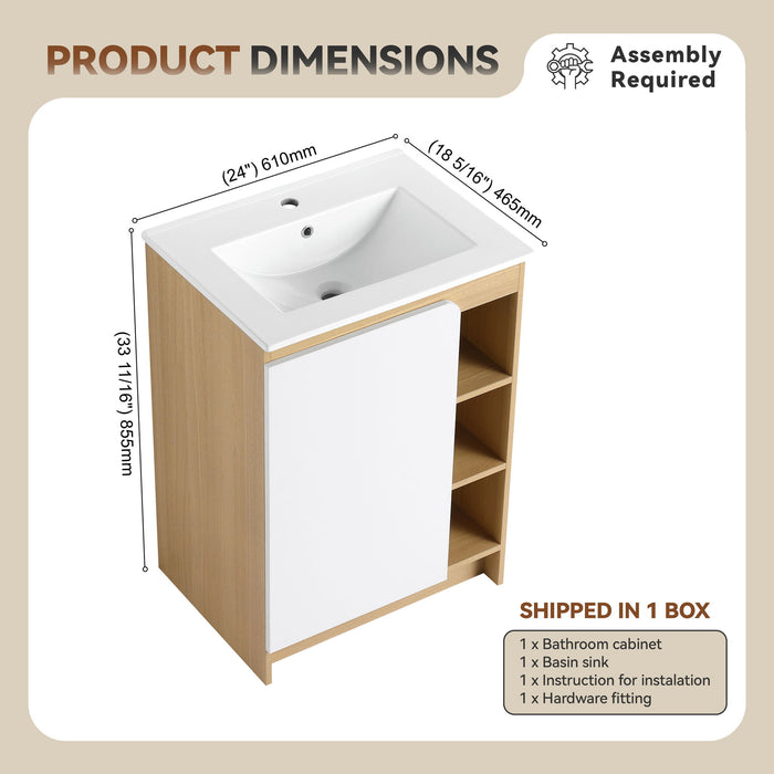Freestanding Bathroom Vanity With Thin Rim Sink, Single Door With 4 Tier Open Shelves - Light Oak / White