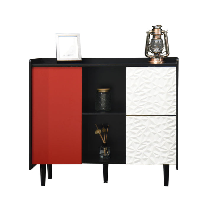 Modern Sideboard Buffet Cabinet With Red Doors And Unique Panel Styling