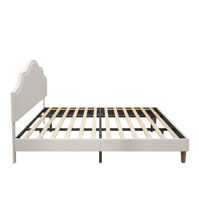 King Size, Upholstered Platform Bed Frame With Adjustable Headboard, No Box Spring Needed - White