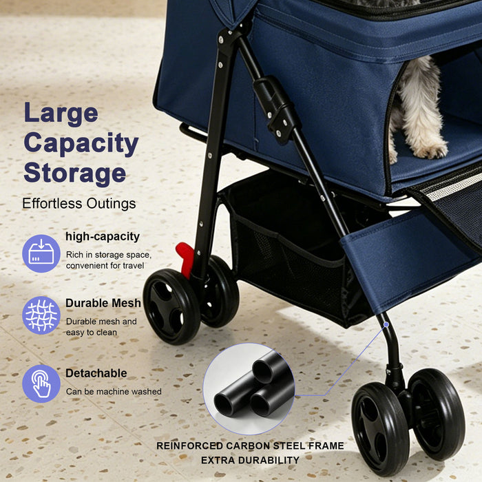 Foldable Pet Stroller For Small Dogs And Cats With Multi Functional Tray