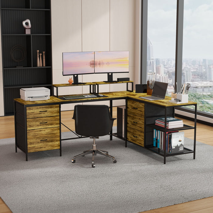 Industrial L Shaped Computer Desk With Power Outlets & USB-C, 6 Fabric Drawers, 3 Open Shelves, Movable Monitor Stands - Brown