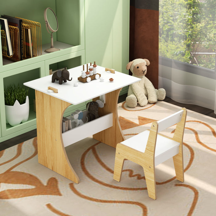 Table Set With 1 Chair, Multifunctional Study Table Convertible Top For Study Drawing & Play - White