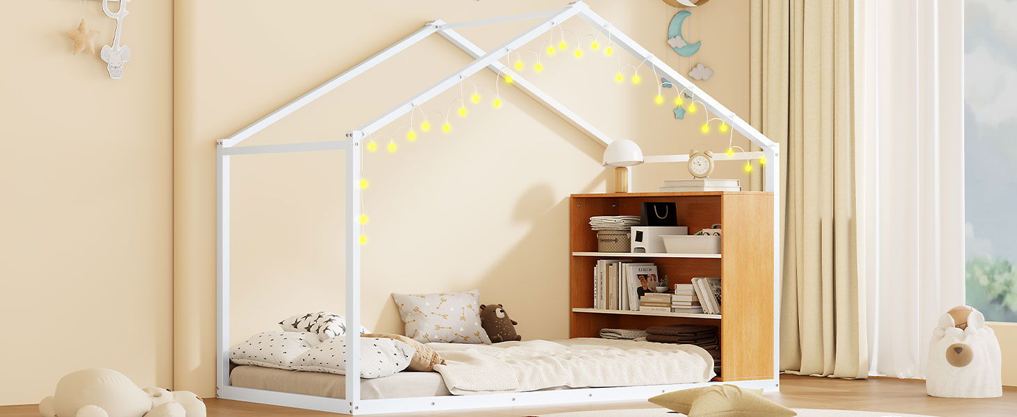 Bed House Frame With Shelves And Lights
