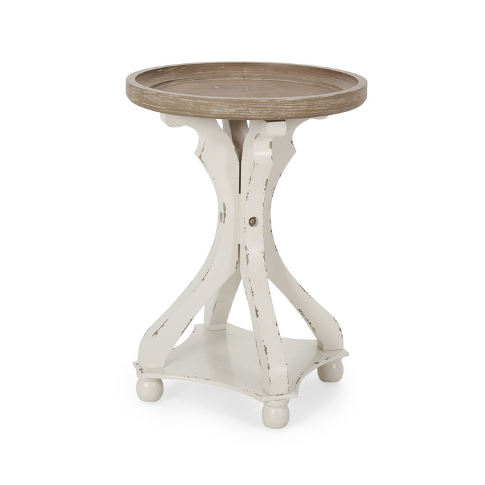Rustic French Country Accent Table With Hourglass Firwood Base And Lipped Top