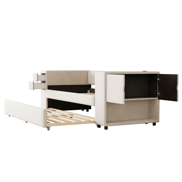 Upholstered Bed With Storage And Twin Trundle, USB Charging Ports