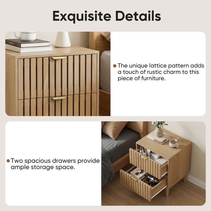 Bedside Table With Grille Design And 2 Drawers, Side Table For Bedroom - Oak