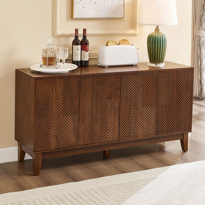 TV Stand With Carved Geometric Doors Storage Cabinet, 4 Door Media Console For Living Room - Walnut
