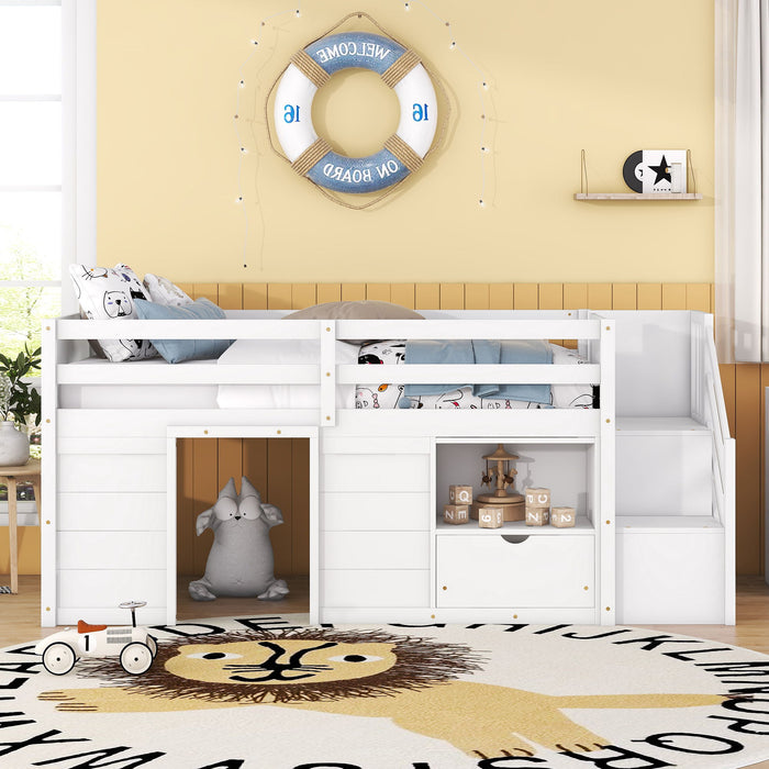 Low Loft Bed With Stair, Drawer, And Shelf