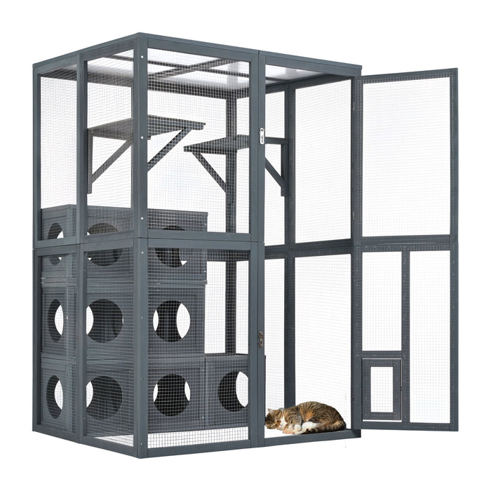 Outdoor Cat House With Shelves And Weather Protection, Removable Wood Boxes - Gray
