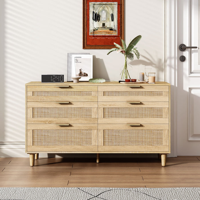 Rattan Dresser With 6 Drawers, Wooden Legs & Metal Handle