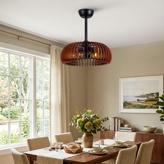 Pumpkin Ceiling Fan, Fandelier With 6 E12 Sockets, Reversible DC Motor, Adjustable Hanging, 6 Speeds Remote Control - Black