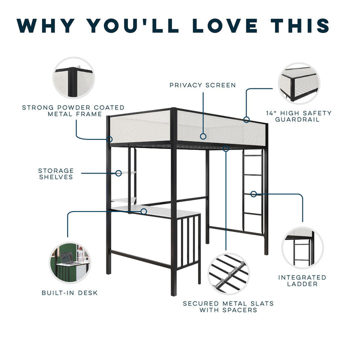 Axel - Twin Loft Bed With Desk & Shelves - Black