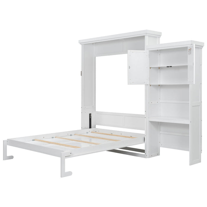 Queen Size Murphy Bed With Louvered Design And Multiple Storage Shelves - White