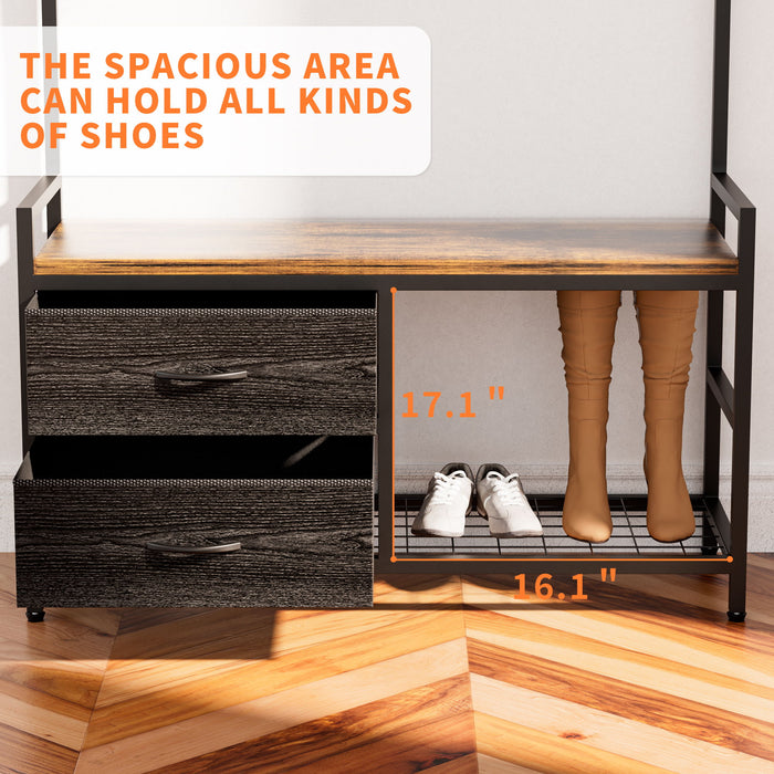 Hall Tree With 2 Movable Drawers, Shoe Storage, Shelves, Garment Racks, And 23 Hooks For Entryway - Rustic Brown