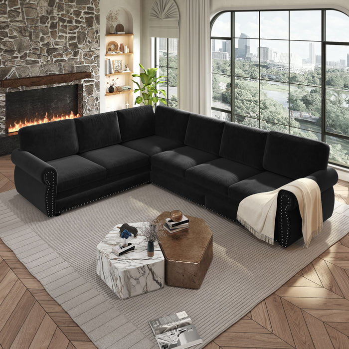 L-Shaped Sofa Couch With Pull Out Bed With Nailhead Trim & Rolled Arm