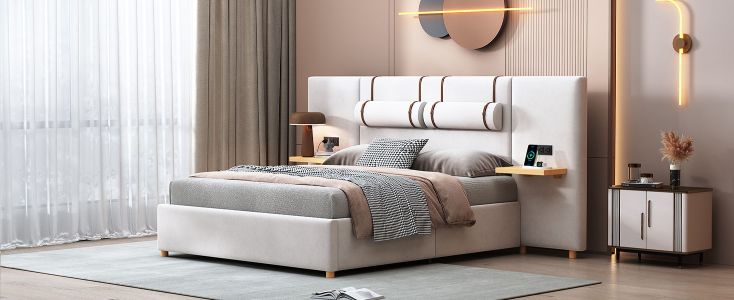 Upholstered Platform Bed, 2 Outlets And USB Charging Ports On Both Sides, 2 Bedside Pillows, Storage Shelves