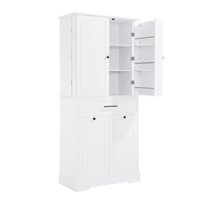 Freestanding Bathroom Storage Cabinet With Doors, Drawers, And Tilt Out Laundry Hamper - White