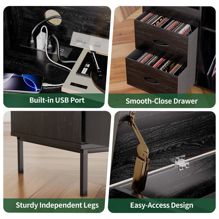 Eco-Friendly Vinyl Record Player Stand With Flip-Top Storage, Media Console With Dual Outlets And Dustproof Drawers
