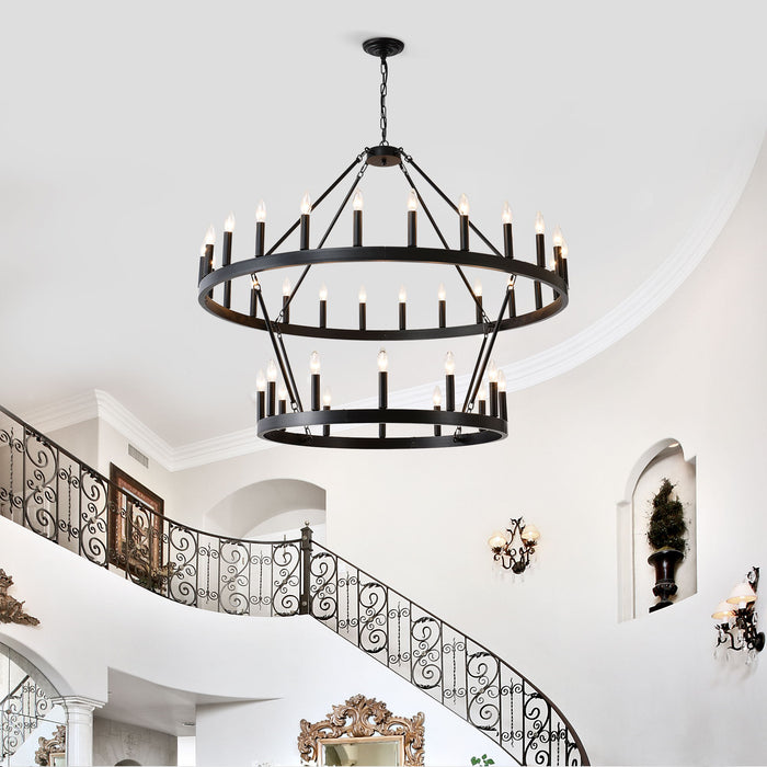 2 Tiers Wagon Wheel Chandelier Wooden Farmhouse 36 Light (24 / 12) Or (12 / 24) Metal Chandeliers 2 Story Light Fixtures Industrial For High Ceiling Living Dining Room Foyer, Adjustable Height - Black