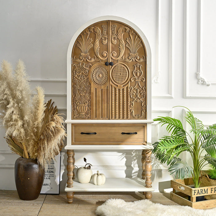 Arched Flower Carved Door Accent Sideboard Cabinet With 1 Drawer And Shelf, Cabinet For Kitchen - Natural / White