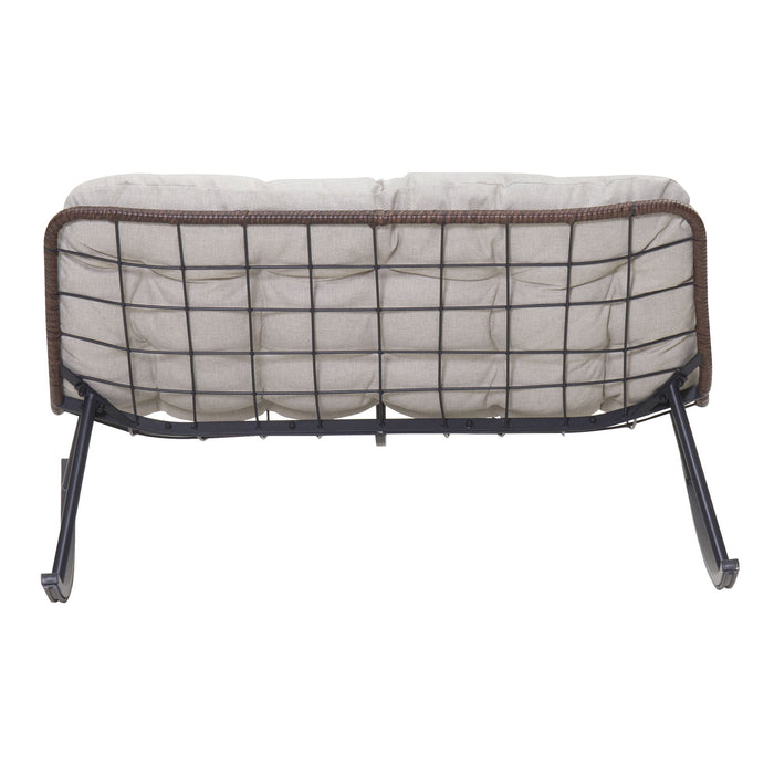 Double Wide Rocking Papasan Chair, 2 Person Outdoor Lounge Seating - Acacia Wood / Beige