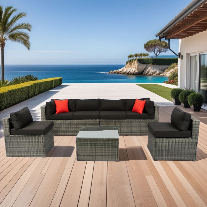 5 Pieces Rattan Sectional Outdoor Furniture Cushioned U Sof Set With 2 Pillow - Gray / Black