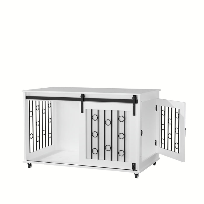 Dog Crate With Sliding Barn Door And Side Access, Lockable Wheels For Small To Medium Dogs - White