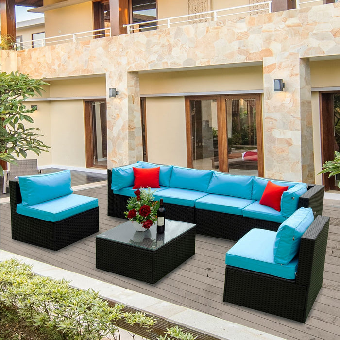 5 Pieces Rattan Sectional Outdoor Furniture Cushioned U Sof Set With 2 Pillow - Black / Blue