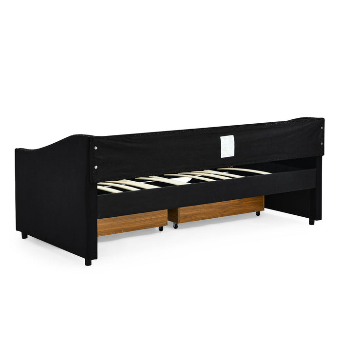 Upholstered Tufted Daybed With 2 Drawers, Waved Arms