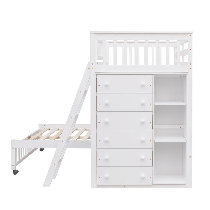 Bunk Bed With 6 Drawers And Flexible Shelves, Bottom Bed With Wheels