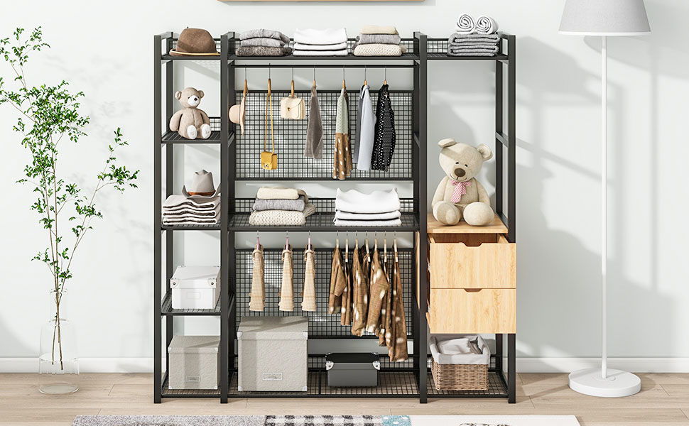 Open Style Wardrobe With Hanging Rails, Shelves And Drawers