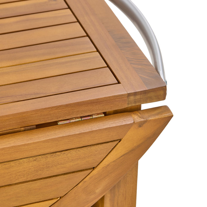 Outdoor Bar Cart With Foldable Tabletop & Removable Trays - Teak