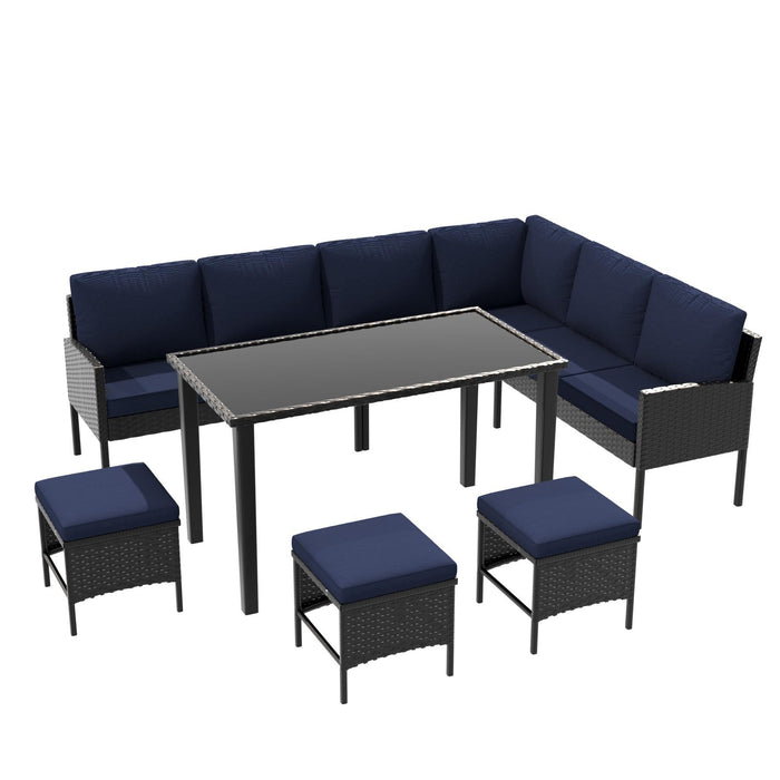 7 Piece Outdoor Furniture Set With Waterproof Cushions, Glass Table, And Space Saving Design - Blue