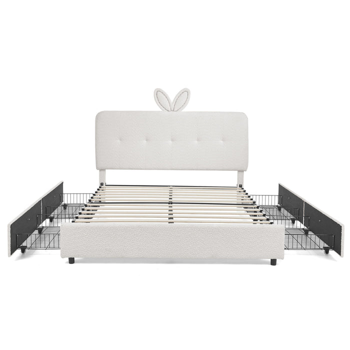 Upholstered Bed With Oversized Rabbit Ear Headboard, LED Lights & 4 Storage Drawers