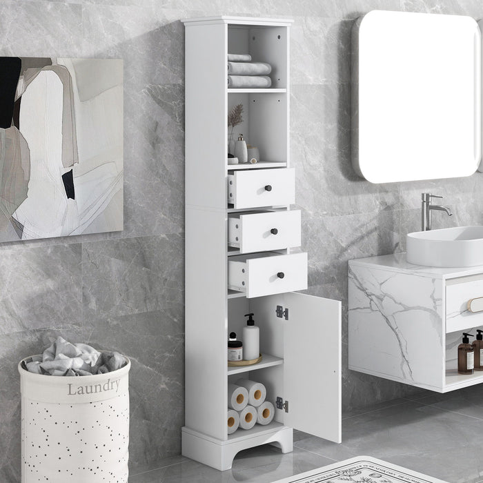 Tall Storage Cabinet With 3 Drawers And Adjustable Shelves For Bathroom