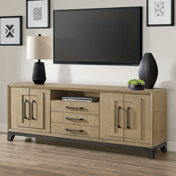 Sutton Place - Entertainment Console With Open Shelf, Storage Drawers, And Cord Cutouts - Caramel / Cocoa