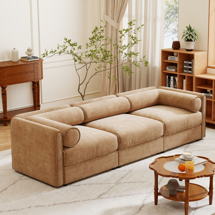 Stylish Chenille Sofa With Storage Seat And Cylindrical Backrest