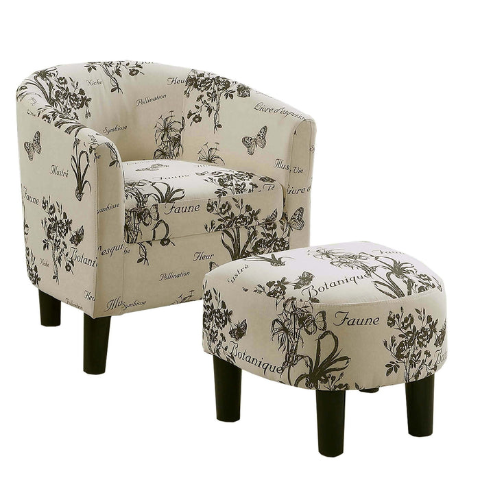 Accent Chair With Matching Ottoman Upholstered Round Backrest, Seating Set - Off White / White