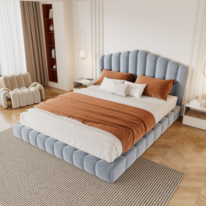 Queen Upholstered Bed Frame With Shell Shaped Headboard - Light Blue - Light Blue