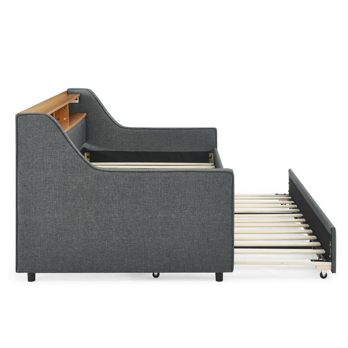 Upholstered Sofa Bed With LED Lights, Storage Headboard, Foldable Trundle & Wireless Charging